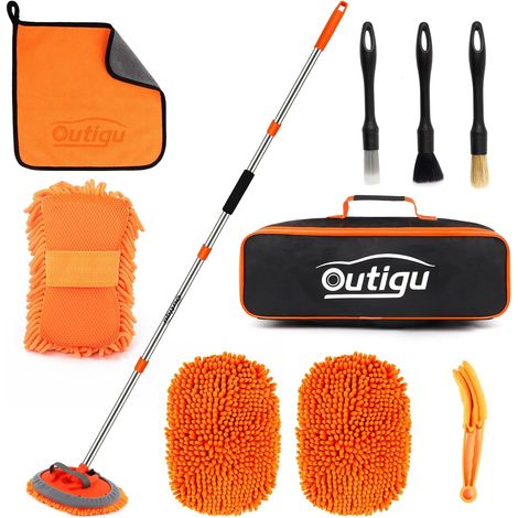 Car Cleaning Kit 9 Pieces 62 Inch Car Wash Mop with Long Handle Caravan Cleaning Set with Spare Head, Towel, Sponge, Brush Set (1/5)