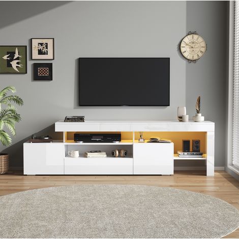 Meuble TV 192x37x53 cm en panneau de particules blanc, LED, rangement pour TV 85 pouces - CHICFURN (1/5)