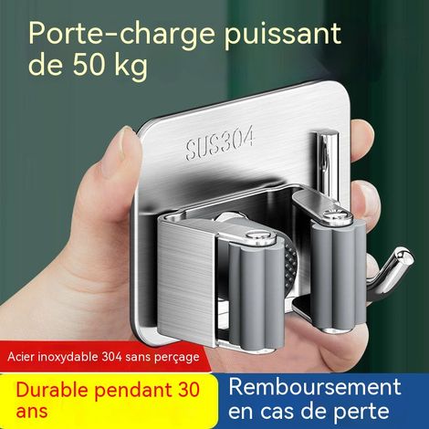 Support mural rangement balai-serpillère acier inoxydable – sans perçage, fixation adhésive pour rangement derrière porte salle de bain