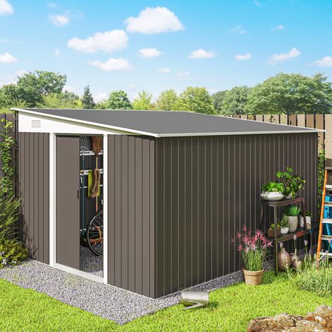 Abri de jardin métallique avec toit en pente et double porte verrouillable, 2,8 x 3,45 x 2,01 m, gris (1/5)