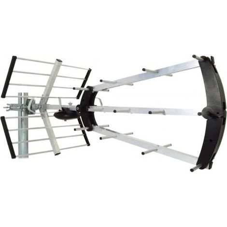 Antenne d'extérieur UHF Trinappe 20 db - Filtre 4G, Aluminium légère, Fiche F compacte et dépliable, 460 - 790 MHz, Montage simplifié (1/2)