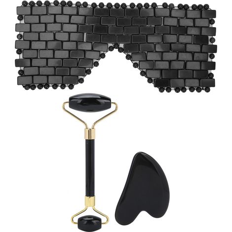 Lot d'3 pierres d'obsidienne rouleau visage, planche Gua Sha, bandeau thérapie, kit massage beauté (1/5)