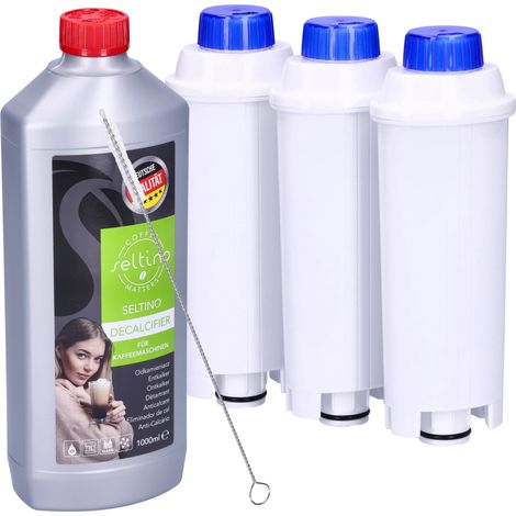 Kit Seltino per macchina da caffè Delonghi: 3 filtri ovali Seltino, decalcificante 1 l, spazzolino per la pulizia.