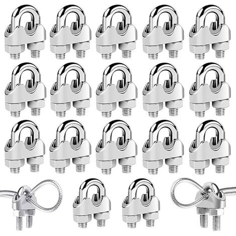18 Stück Stahlkabelklemmen, U-Bügel-Kabelklemmen aus Edelstahl 304, für Stahlseile M3mm/M4mm/M5mm (drei Größen) (1/5)