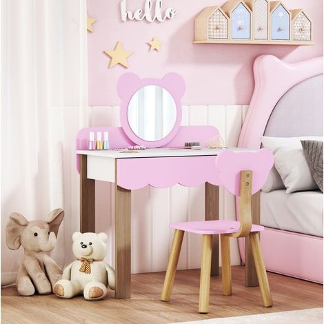 Toilette enfant 2 pièces avec tabouret, miroir acrylique, tiroir, MDF rose REDOM (1/5)