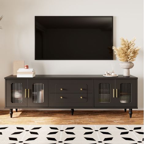Meuble TV rétro 175 x 38 x 55,5 cm avec 4 portes en verre trempé rainuré, noir DESVIAE (1/5)