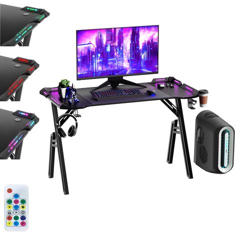 Hengmei – Table de jeu A-Frame 160 x 60 cm – Bureau gamer noir avec LED RGB réglable – Porte-gobelet et crochets pour écouteurs – Surface en fibre de carbone (1/5)