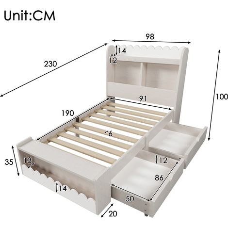 Lit simple enfant 90×190cm blanc/chêne,tiroirs,étagère et banc rangement,cadre et base lattes bois,sans matelas