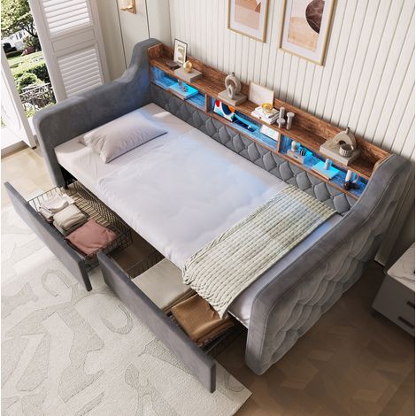 Cama tapizada con almacenamiento (200x107x80 cm), cabecero con estante, LED, carga integrada, 2 cajones, terciopelo gris oscuro (1/5)