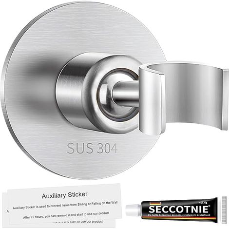 Shower Head Holder without Drilling, 304 Stainless Steel Universal Shower Holder with Strong Glue Wall Mounted Shower Head Mount 360° Adjustable (Silver) (1/5)