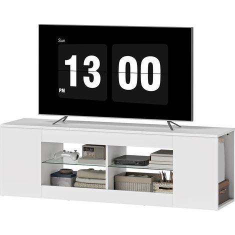 Meuble TV 140 cm, 6 compartiments, 2 étagères en verre, panneaux de particules, blanc (1/5)