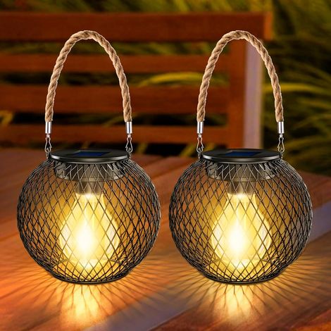 Metal Solar Lantern Waterproof IP65, Auto On Off 2 Pack Hanging Lanterns with Bulbs, Outdoor LED Solar Garden Lights for Patio Decoration Lawn Table Fence Ornaments (1/5)