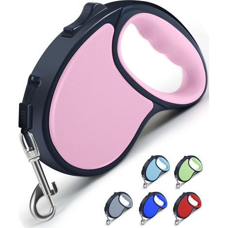 Laisse rétractable pour chien ANCOOLE 5M/16FT, extensible à 360°, en nylon lisse et durable, anti-nœuds, avec poignée antidérapante et frein à une main, pour chiens de petite et moyenne taille (rose). (1/5)