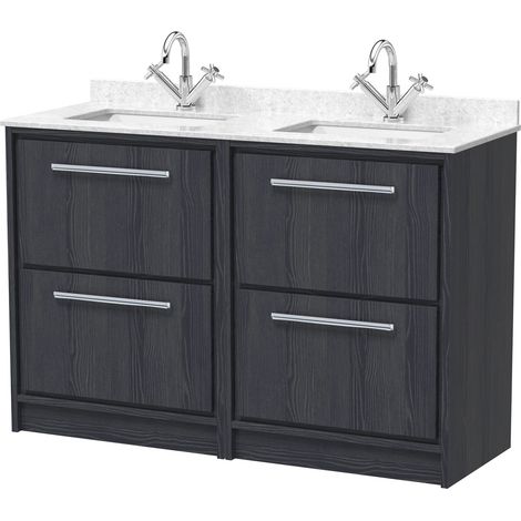 Longnor 4 Drawer Floor Standing Vanity Unit with Square Basin and Marble Worktop, Woodgrain Graphite Grey, 1200mm