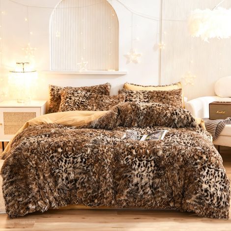 Parure de lit imprimée léopard à Poils Longs, Housse de Couette en Velours de Cristal Ultra Douce avec taies d'oreiller, Fermeture éclair, Grand lit (1/5)