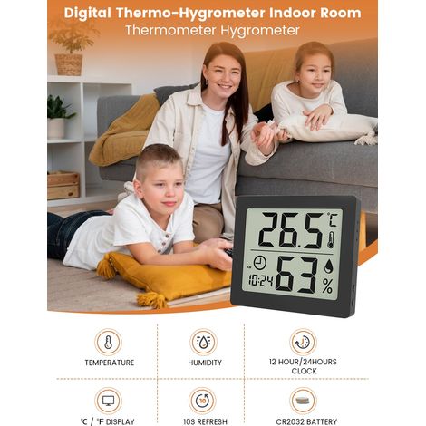 Thermomètre/hygromètre LCD 3.1" avec horloge, noir. (1/5)