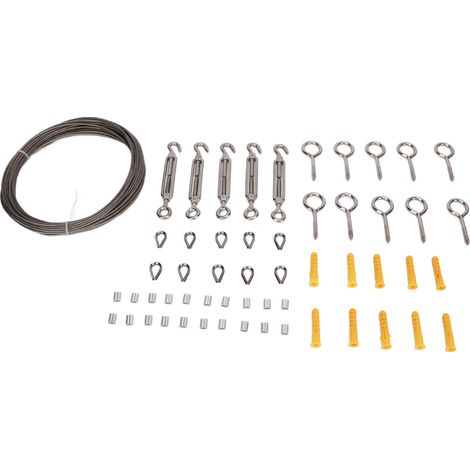 Kit de levage en câble d'acier inoxydable de 15 mètres recouvert de PVC, comprenant crochet, boulons, manchon de sertissage en aluminium et jeu d'élingues en câble d'acier. (1/5)