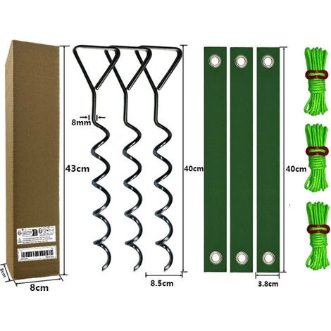 Kit de fixation d'arbres robuste comprenant 9 piquets de sol en spirale noire de 40 cm, sangles d'attache d'arbres robustes, utilisées pour la protection contre les ouragans, le redressement des arbre (1/2)