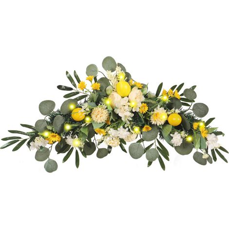 Couronne de Citron Artificielle pour Porte D'entrée, Couronne Artificielle avec Fausses Feuilles de Citron et de Myrtille pour Porte D'entrée, Cuisine, Décoration Intérieure et (x) (1/5)