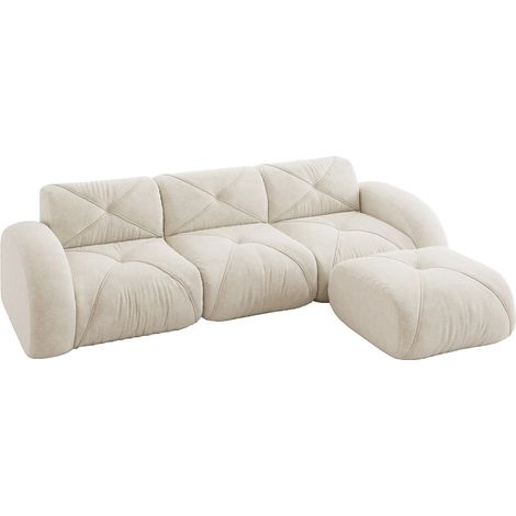 Sofá modular en L de chenilla beige claro, 3 plazas, con reposapiés, sin montaje (1/5)