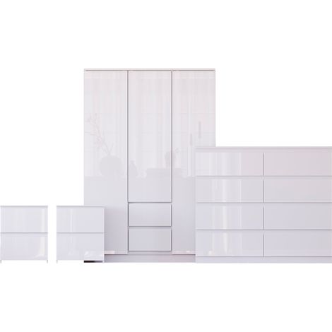 Glinton 4 Piece Bedroom Set (2 Drw Bedside x2, 8 Drw Chest, 3 Dr 2 Drw Wardrobe), White (100% FSC) (1/4)