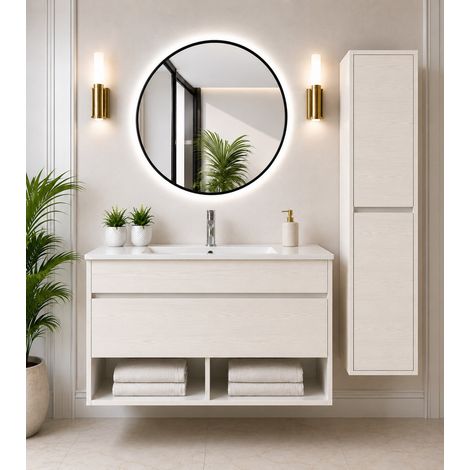 Meuble de salle de bain suspendu avec vasque extra-plat ORIGENBATH NEBARI avec tiroir sans miroir 50x40 cm blanc nordique avec colonne (1/5)