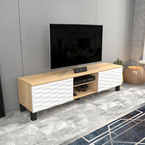 Decorotika Lukas 160 Cm Wide Modern Meuble TV  TV Cabinet With Mdf LegsMeuble TV With Two Cabinets- Lowboard Up To 63 TVs - Sapphire Oak Marble Pattern And Blanc (1/5)