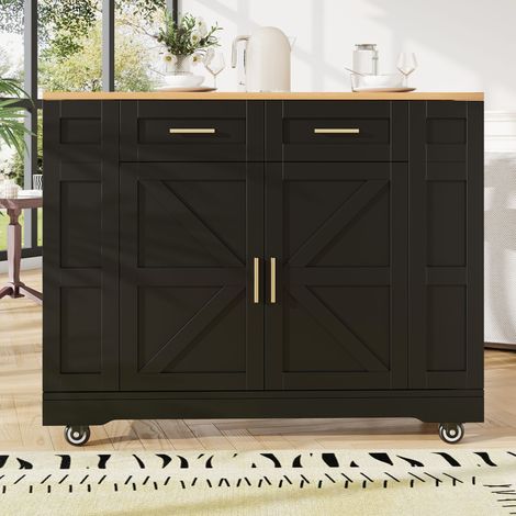 Desserte de cuisine extensible Îlot central avec plan de travail et 3 tiroirs - noir MDF - 120x(40-60)x90 cm (1/5)