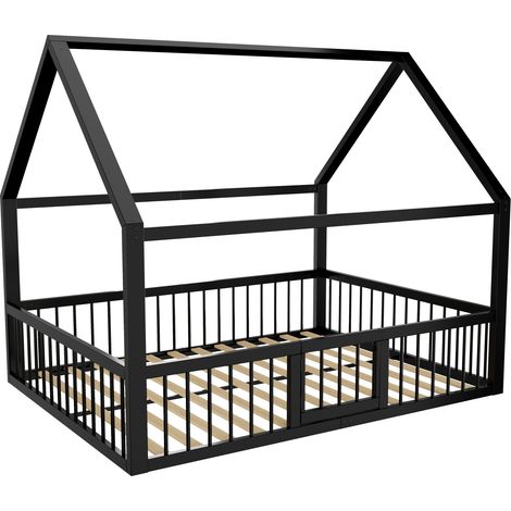 Metall-Hausbett 140 x 200 cm mit Seitengittern und Türchen schwarz MODENUIT (1/5)