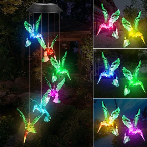 Carillons Éoliens Solaire - Carillon de Vent Colibri Changement de Couleur LED Lampe Étanche Solaire Mobile Carillon Intérieure Extérieure pour Décoration de Jardin, Patio, Porch, Terrasse, Cour, Fête