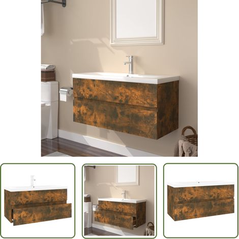 The Living Store Meuble lavabo avec bassin intégré Chêne fumé Bois d'ingénierie - Meuble Lavabo - Meuble Salle De Bain - Vanity Unit - Meubles De Salle De Bain - Rangement Salle De Bain (1/5)
