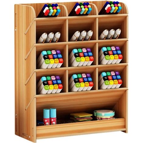 Étagère de bureau Welikera, boîte de rangement pour stylos en bois, multifonctionnelle, idéale pour la maison, le bureau et l'école, en bois de cerisier. (1/5)