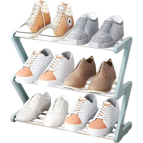 Petite étagère à chaussures à 3 étages- Petite étagère à chaussures - Rangement à chaussures stable et étroit- Organiseur de rangement pour entrée de placard, couloir, montage rapide - bleu (1/5)