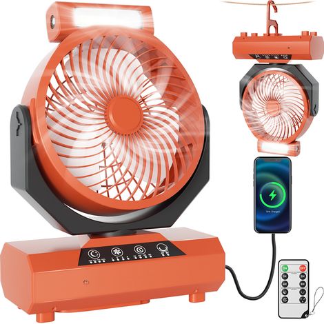 Wolketon Tischventilator,Camping Ventilator, wiederaufladbar, 20000mAh Akku, 4 Geschwindigkeiten, mit Fernbedienung, LED Licht und Haken,für Outdoor, Zelt,Orange