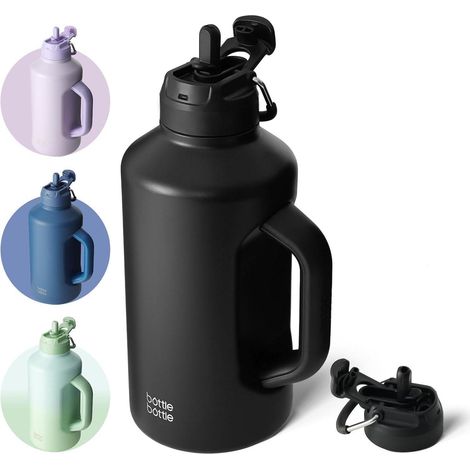 Isolierte Wasserflasche mit Strohhalm, doppeltem Deckel, 1,8 l Schwarz (1/5)