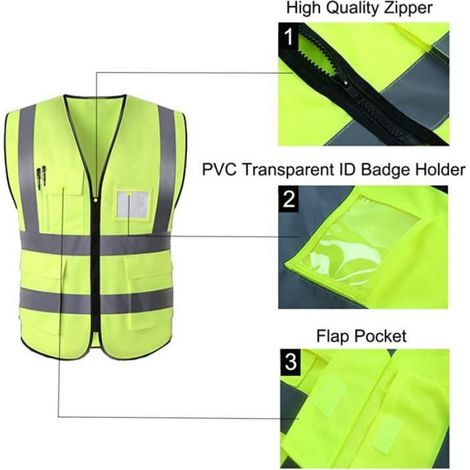 Gilet Jaune Securite, Gilet de Travail de Sécurité Haute Visibilité avec Fermeture éclair et Poches (XXL, Jaune) (1/4)