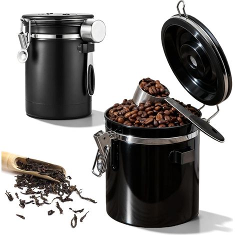 Boîte à Café Hermétique, 2,8 LBoite à Café en Grain en Acier Inoxydable avec Valve CO2, Cuillère Doseuse & Indicateur de Date, pour Café Moulu, Thé, Noix et Cacao (1/5)