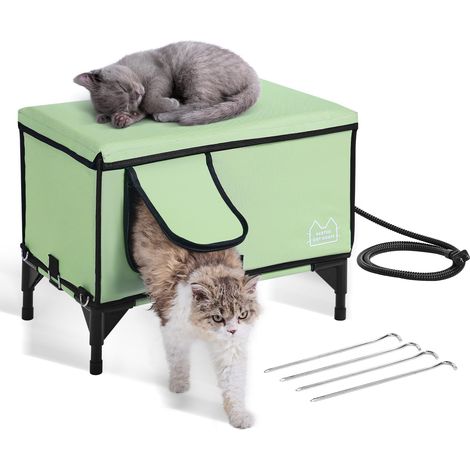 Maison Chat Surélevée Chauffante, Niche Chat Extérieur avec Coussin Chauffant, Température Réglable, Minuterie, Abri d'Hiver pour Chats Pliable en Tissu Oxford 900D pour Rester au Chaud, Vert, M (1/5)