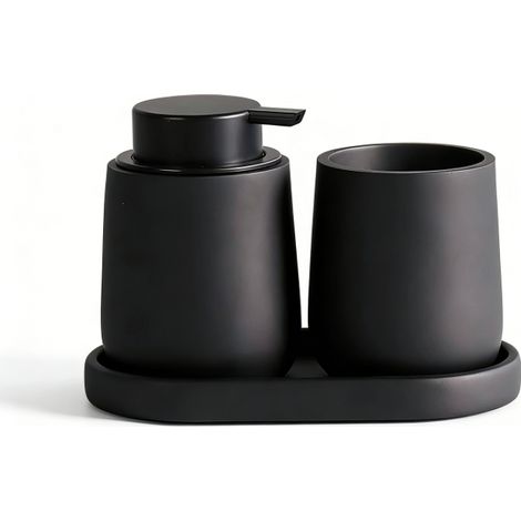 Ensemble d'accessoires de salle de bain noirs (distributeur de savon, porte-brosse à dents, plateau de rangement) (1/5)