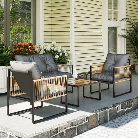 Set da giardino per esterni in rattan sintetico con 2 poltrone, 1 divano a 2 posti, 1 tavolino e cuscini, grigio.