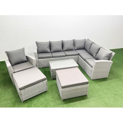 Fimous Garden Outdoor PE Rattan Furniture Set 9 Seater Rattan Garden Sofa Set with 2 Big Footstools Light Grey Mixed (1/4)