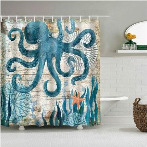 180 x BALLSHOP Shower Curtain 180 cm, Washable Waterproof Anti Mold with Elegant Colorful Octopus Print and 12 Hooks (1/5)