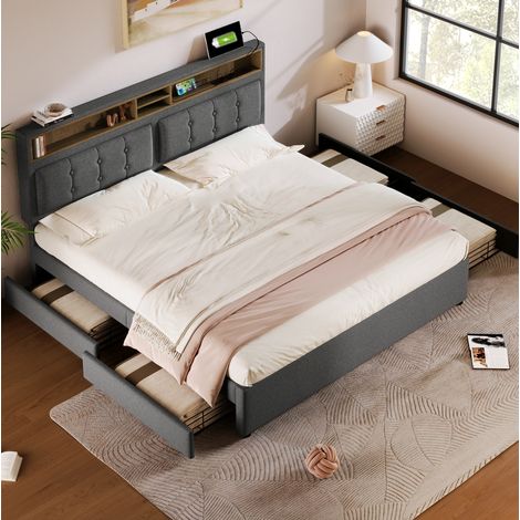 Cama tapizada 160x200 cm moderna con cabecero regulable, 4 cajones, estantes y toma USB/Type-C, gris (1/5)