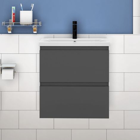 500MM Anthracite Glossy Vanity UnitгмWall MountedгмDetachableгмSoft CloseгмTwo-Drawer + Small Size Write Thick Ceramic Basin (1/5)