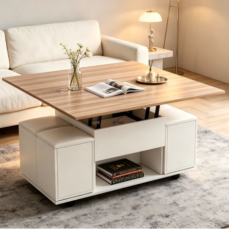 Tavolino da caffè 100x100x63.5 cm, altezza regolabile, con contenitore e 4 sgabelli, pannello truciolare bianco e naturale (1/5)