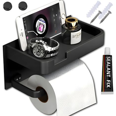 Portarotolo di carta igienica, appendiabiti da toilette, acciaio nero, metallo, loft, con ripiano (1/3)