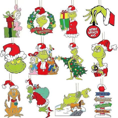 24 handgefertigte grüne Monster-Weihnachtsdekorationen aus Holz zur Verzierung eines Fensters oder einer Wand. (1/5)