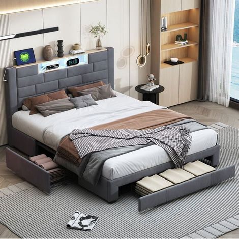Cadre de lit 140x200 cm velours gris LED 7 couleurs, 3 tiroirs, USB Type-C, sommier à lattes