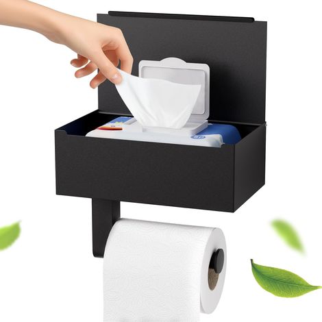 Porte-papier toilette - Noir - Sans perçage - Avec boîte à lingettes humides - Avec étagère pour salle de bain - Autocollant ou perçage (20,4 cm x 14 cm x 7,3 cm) (1/5)