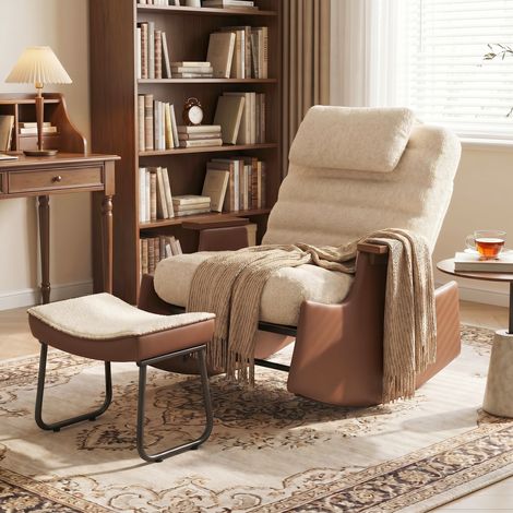 Rocking chair avec tabouret, fauteuil à bascule en peluche d'agneau beige avec repose pied, dossier réglable, appuie-tête et accoudoirs, fauteuil allaitement